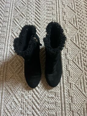 Fendi Black Suede Shearling Trim Wedge Ankle Boots 39